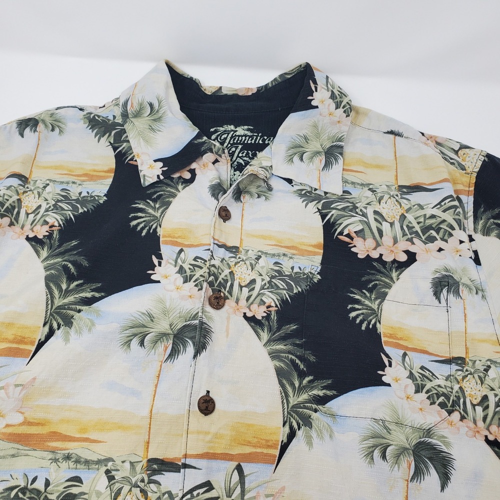Jamaica Jaxx Shirt Mens L Silk Hawaiian Black Tropical Button Down Short Sleeve